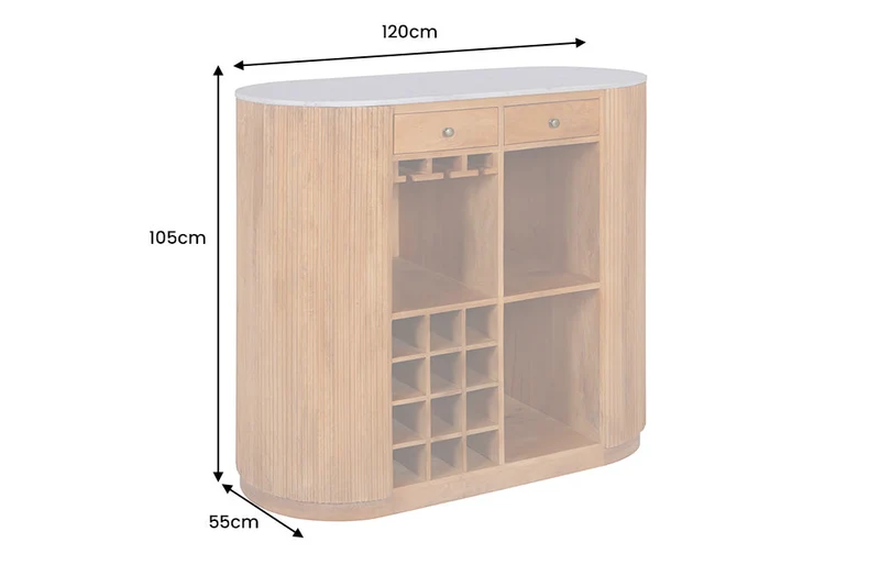 Table de bar solide TRES CHIC 120cm bois de manguier marron marbre blanc avec étagère à bouteilles