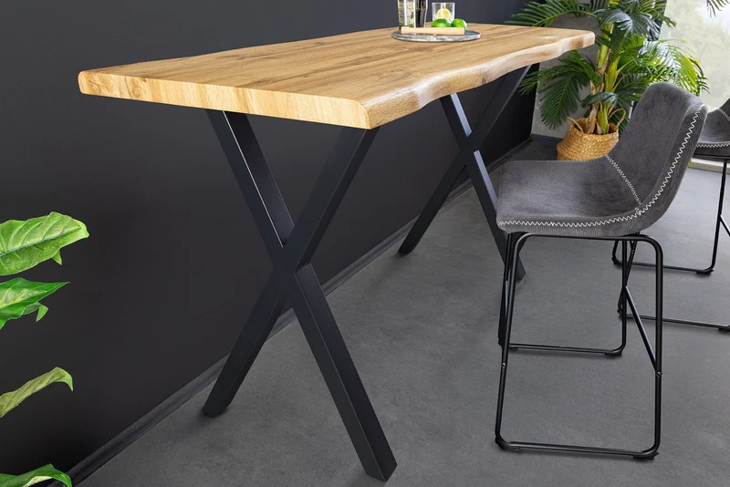 Table de bar industrielle WILD 120cm aspect chêne sauvage marron structure en X métal noir