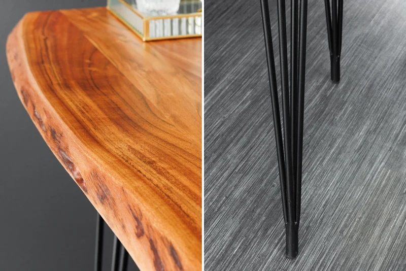 Table de bar en bois massif MAMMUT 140cm acacia naturel bord métal pieds épingle noir
