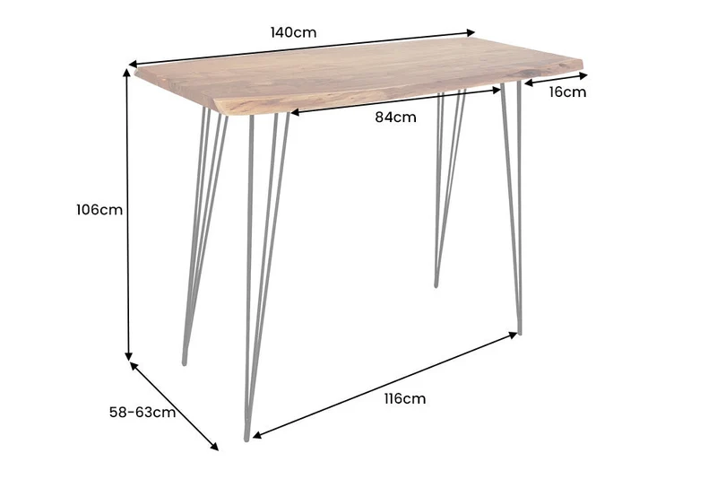 Table de bar en bois massif MAMMUT 140cm acacia naturel bord métal pieds épingle noir
