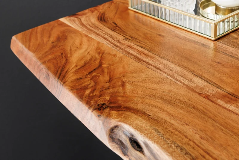 Table de bar en bois massif MAMMUT 120cm acacia naturel bord métal noir avec repose-pieds