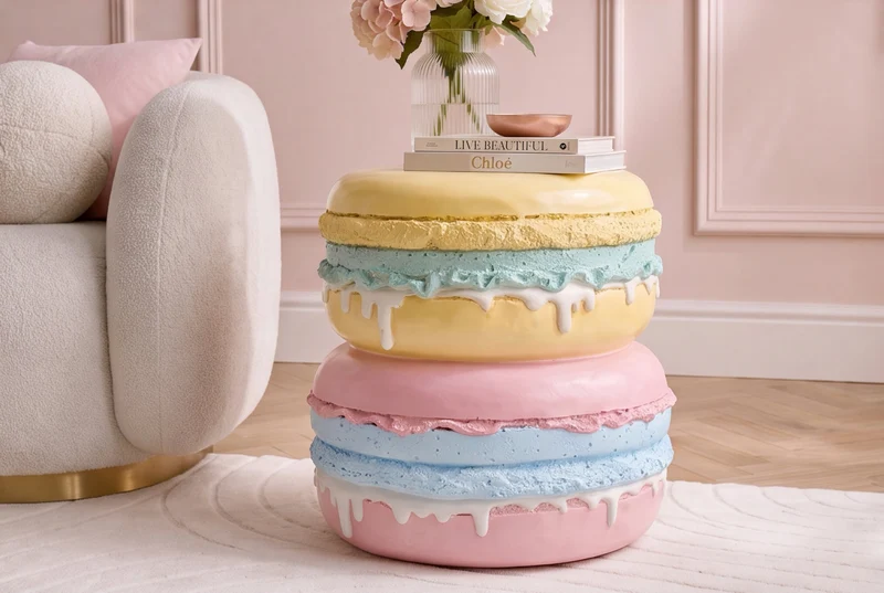 Table d’appoint extraordinaire MACARONS 50cm jaune rose en fibre de verre ronde fait main