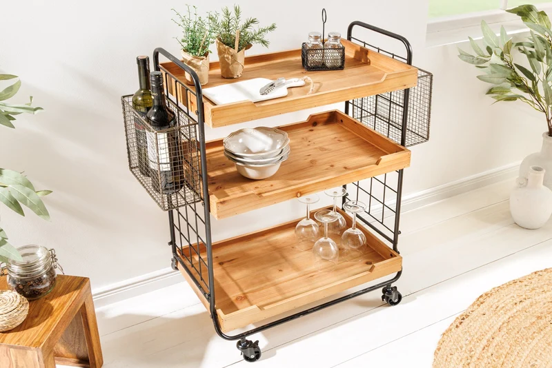 Chariot de service en bois massif SEVEN SEAS Chariot de cuisine naturel 80cm en métal à roulettes