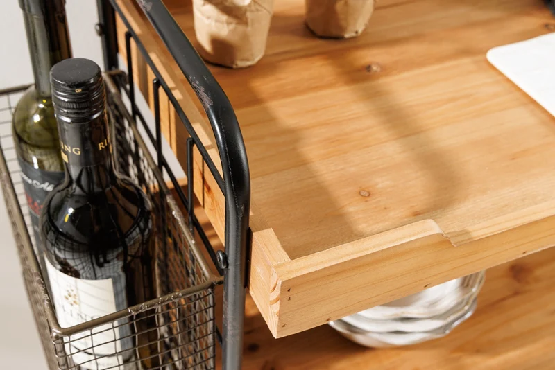 Chariot de service en bois massif SEVEN SEAS Chariot de cuisine naturel 80cm en métal à roulettes