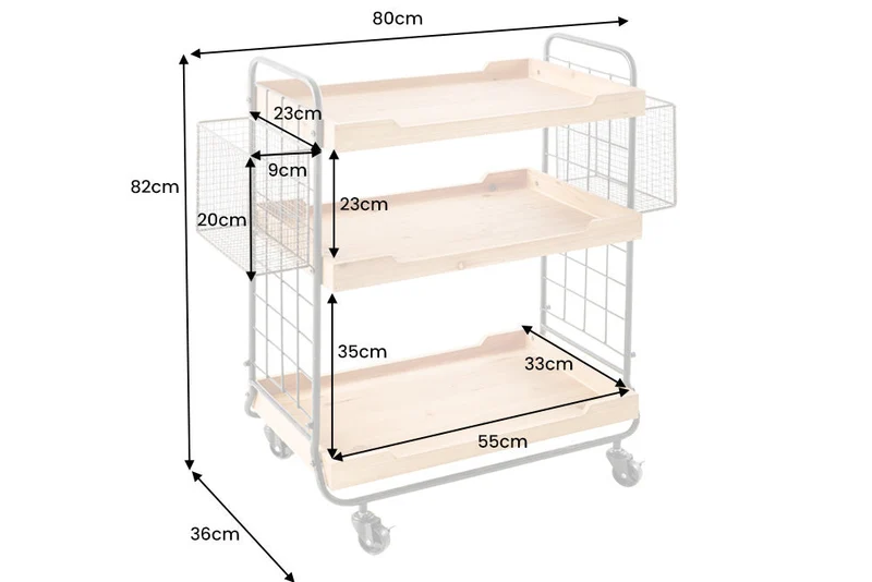 Chariot de service en bois massif SEVEN SEAS Chariot de cuisine naturel 80cm en métal à roulettes