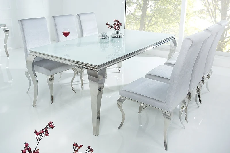 Table à manger design élégant MODERNE BAROQUE 200cm plateau en verre opale en acier inoxydable blanc
