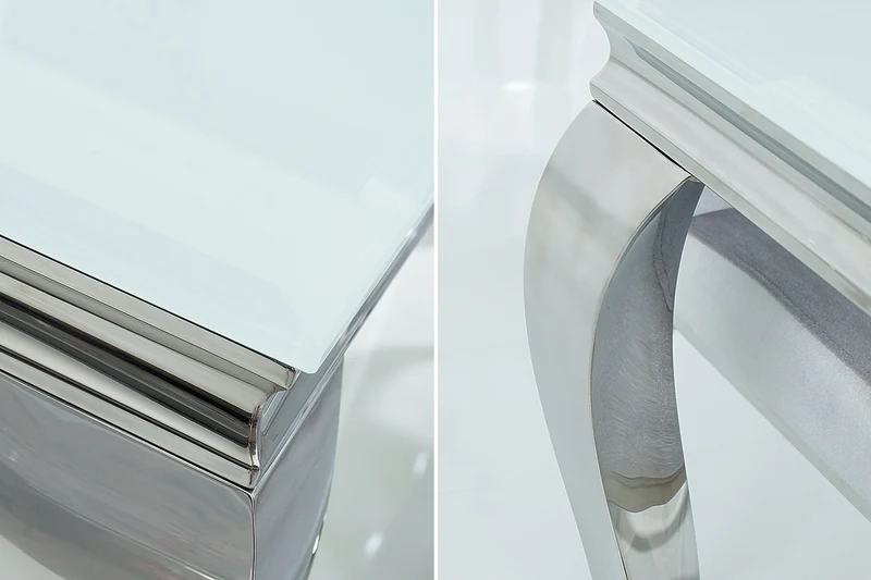 Table à manger design élégant MODERNE BAROQUE 200cm plateau en verre opale en acier inoxydable blanc