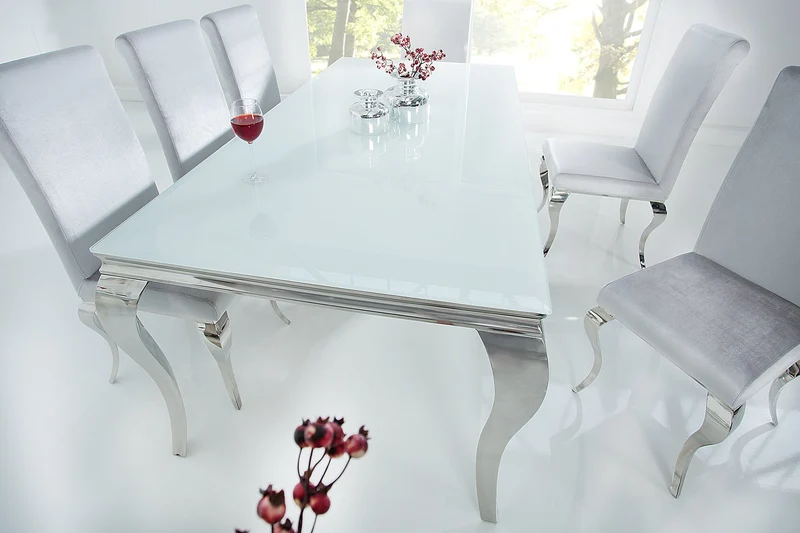 Table à manger design élégant MODERNE BAROQUE 200cm plateau en verre opale en acier inoxydable blanc