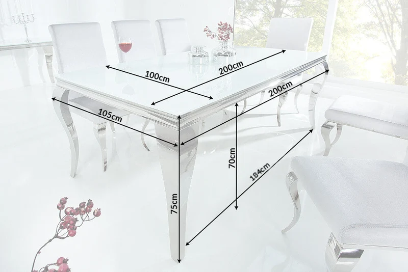 Table à manger design élégant MODERNE BAROQUE 200cm plateau en verre opale en acier inoxydable blanc