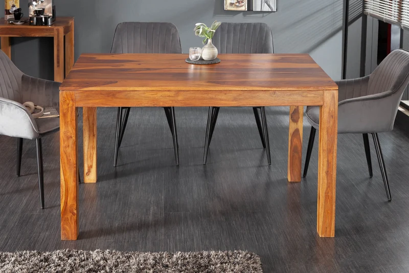 Table à manger en bois massif PURE 120cm bois de Sesham marron finition pierre grain unique