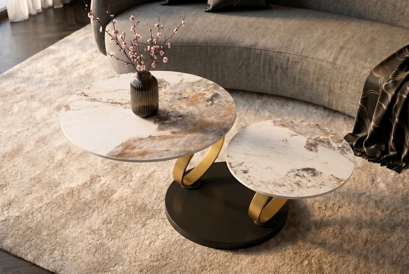 Table basse design DANCING RINGS blanc marron ronde tournante Pandora céramique or
