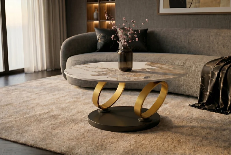 Table basse design DANCING RINGS blanc marron ronde tournante Pandora céramique or