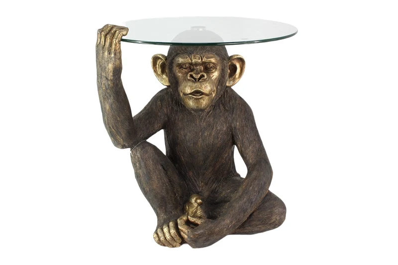 Table basse ronde KING APE 65cm noir or verre figurine de singe fait main