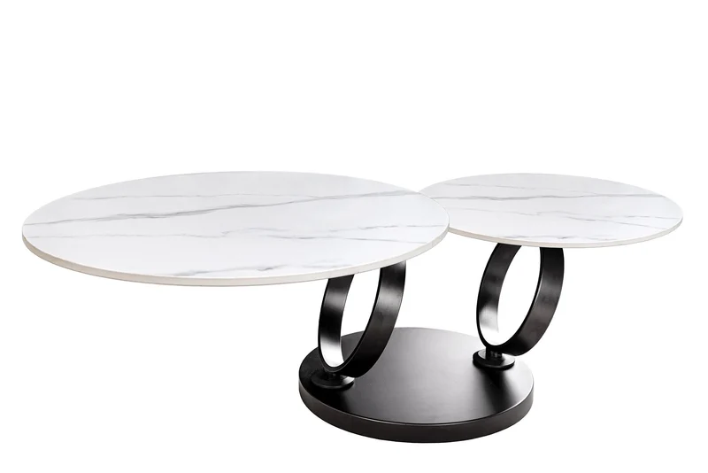Table basse design DANCING RINGS blanche ronde tournante marbre céramique noir métal