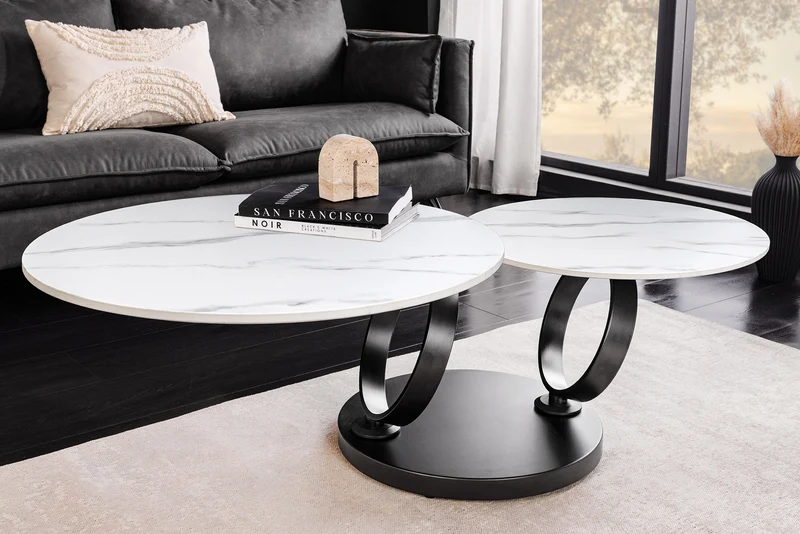 Table basse design DANCING RINGS blanche ronde tournante marbre céramique noir métal
