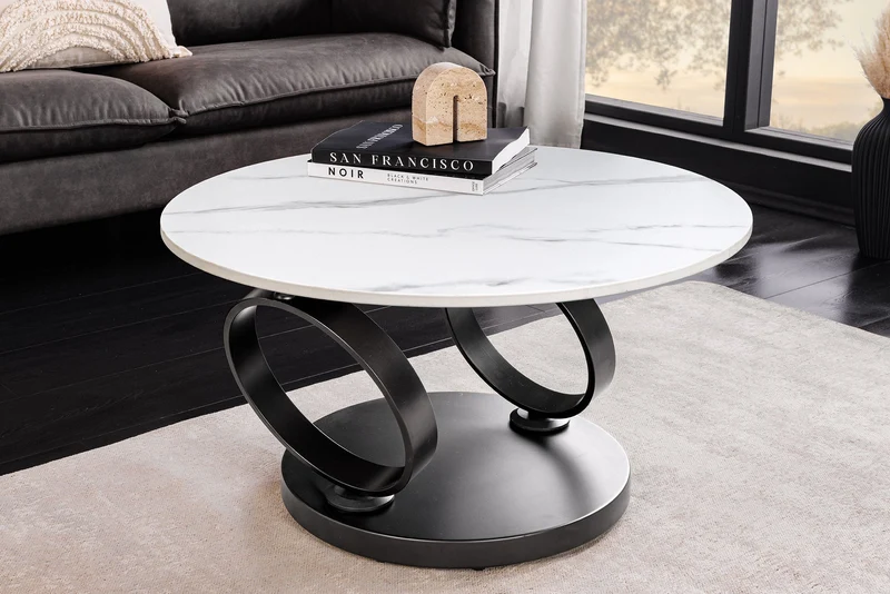 Table basse design DANCING RINGS blanche ronde tournante marbre céramique noir métal