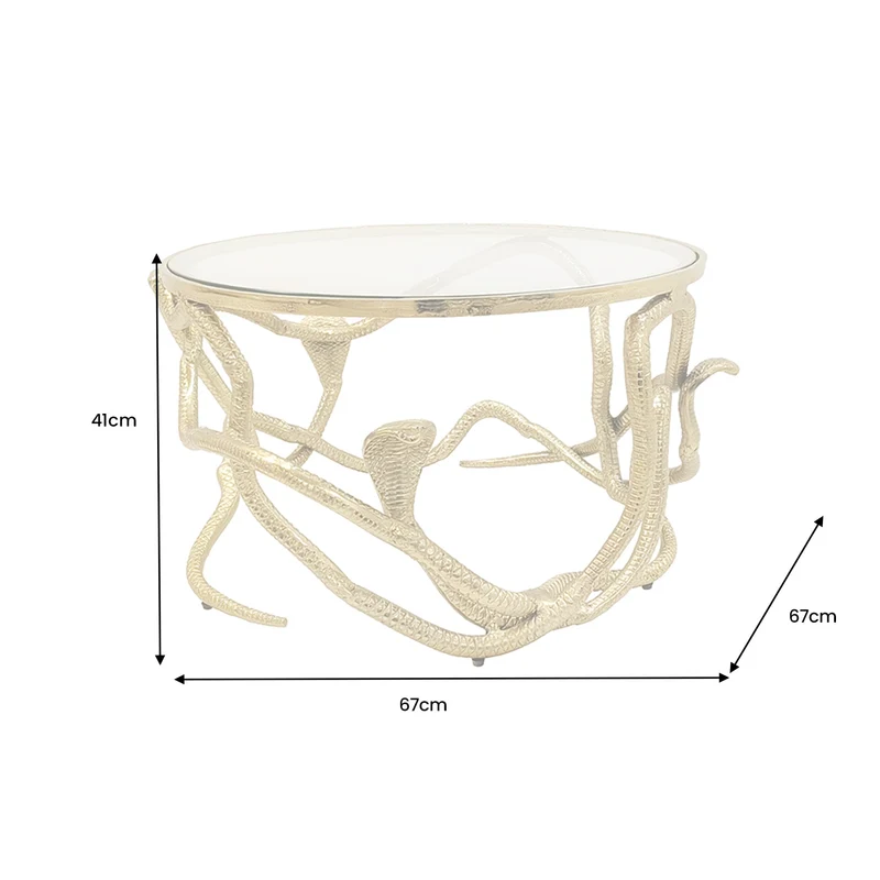 Table basse extravagante SNAKE 70cm sculpture serpent ronde en métal doré plateau en verre