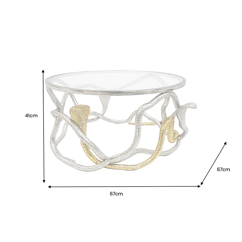 Table basse ronde SNAKE 70cm sculpture serpent métal argenté doré plateau verre