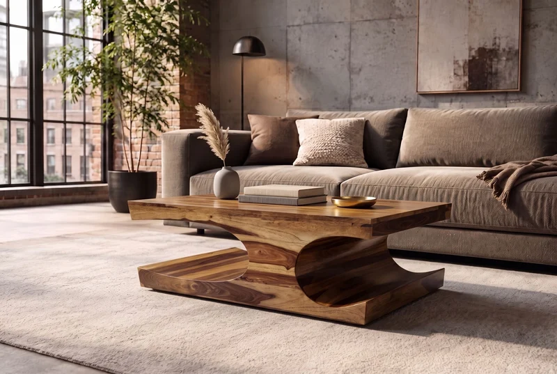 Massif table basse CUBUS 105cm en bois de sheesham brun finition pierre avec espace de rangement