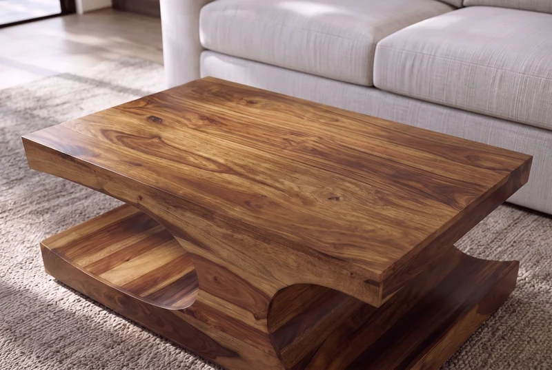 Massif table basse CUBUS 105cm en bois de sheesham brun finition pierre avec espace de rangement