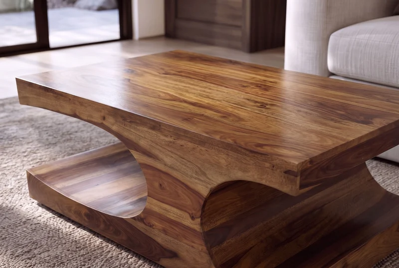 Massif table basse CUBUS 105cm en bois de sheesham brun finition pierre avec espace de rangement