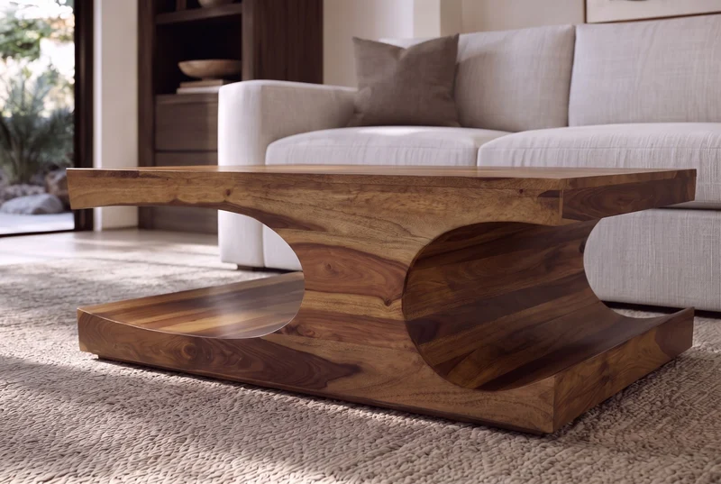 Massif table basse CUBUS 105cm en bois de sheesham brun finition pierre avec espace de rangement