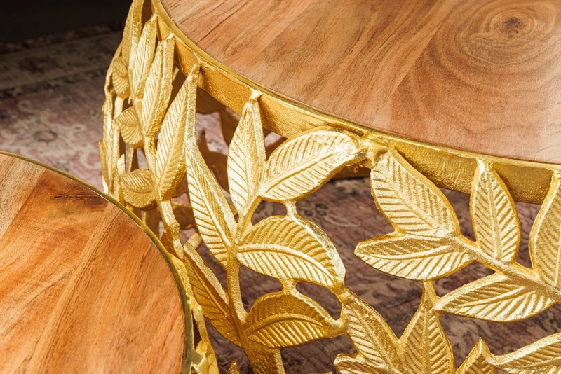 Lot de 2 tables basses rondes ABSTRACT LEAF 70cm bois massif doré naturel design feuille en métal acacia