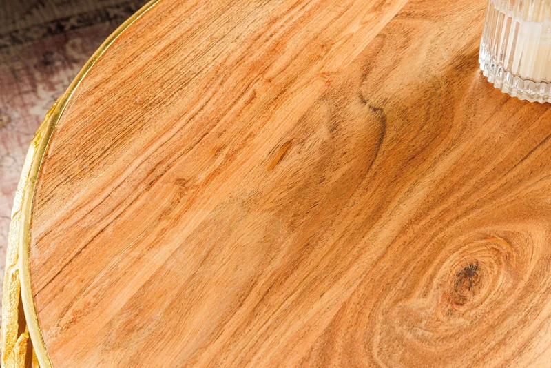 Lot de 2 tables basses rondes ABSTRACT LEAF 70cm bois massif doré naturel design feuille en métal acacia