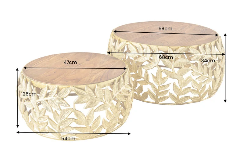 Lot de 2 tables basses rondes ABSTRACT LEAF 70cm bois massif doré naturel design feuille en métal acacia