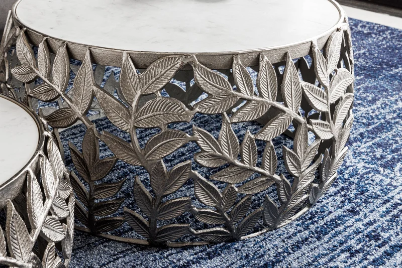 Lot de 2 tables basses rondes ABSTRACT LEAF 70cm marbre blanc argenté design feuille en métal