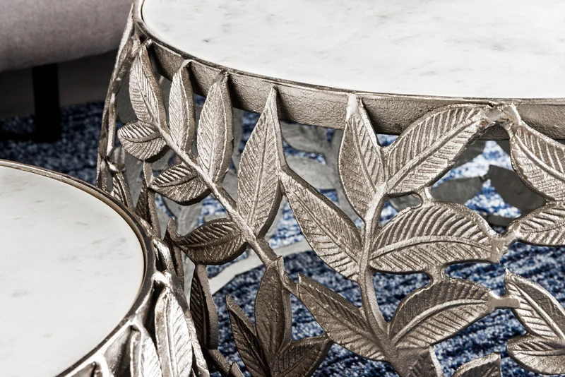 Lot de 2 tables basses rondes ABSTRACT LEAF 70cm marbre blanc argenté design feuille en métal