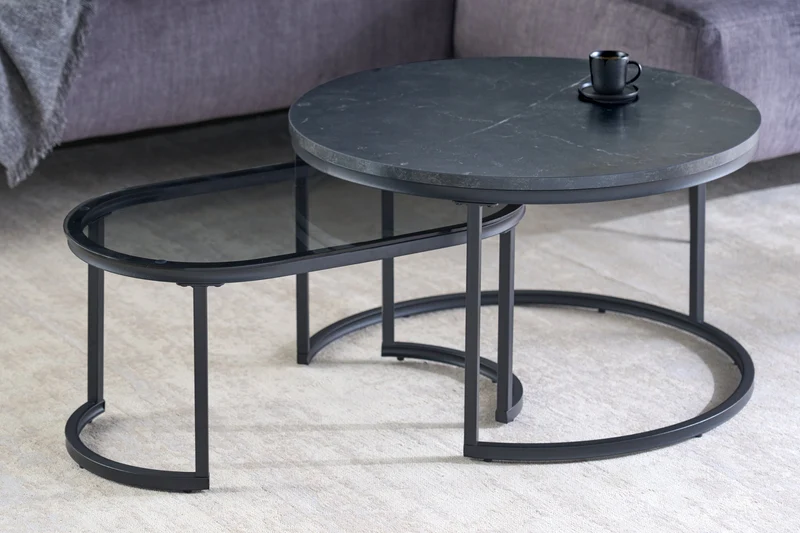 Lot de 2 tables basses ELEGANCE 70cm marbre graphite design verre métal ronde ovale
