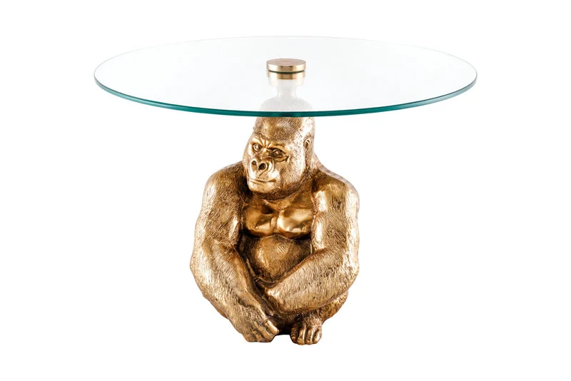 Table basse ronde WILDLIFE KONG 60cm métal doré verre singe figure gorille sculpture fait main