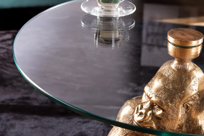 Table basse ronde WILDLIFE KONG 60cm métal doré verre singe figure gorille sculpture fait main