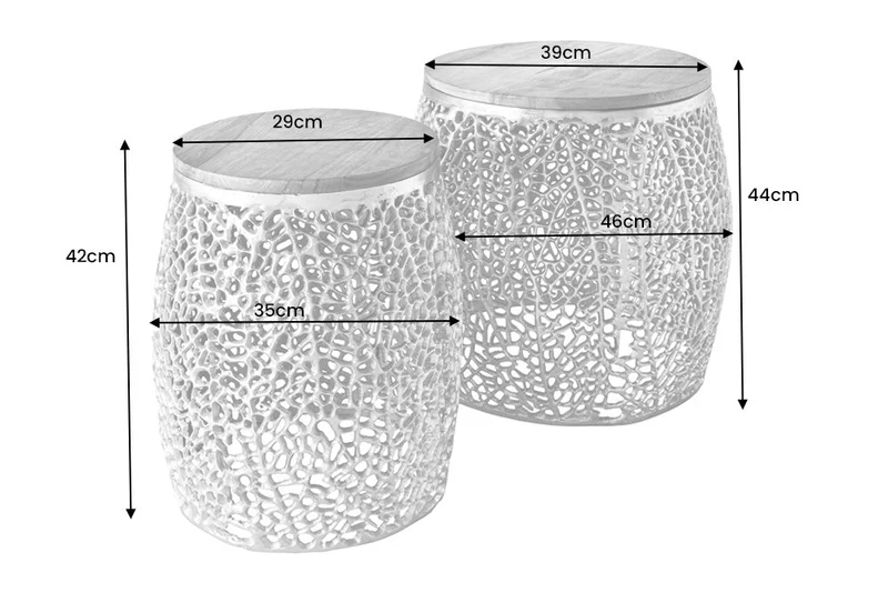 Lot de 2 tables basses design filigrane ABSTRACT LEAF bois d’acacia doré fait main métal ronde