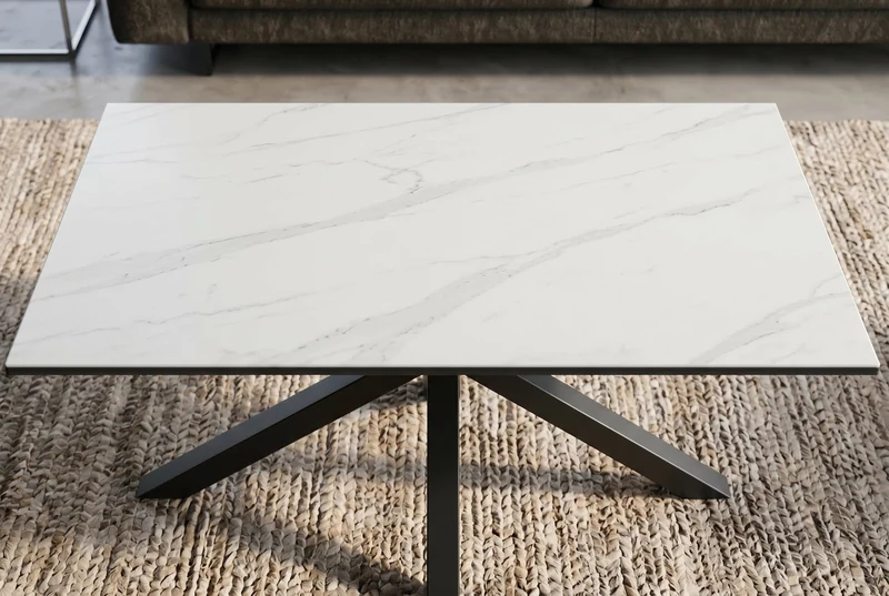 Table basse moderne GALAXIE 100cm en céramique blanche et piètement en métal noir en étoile