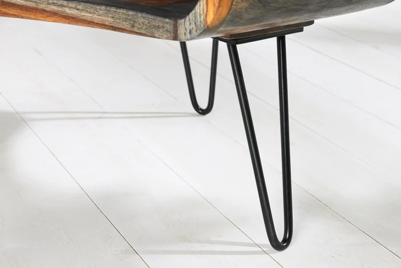 Table basse rétro ORGANIC LIVING 70cm en bois de Sesham massif gris avec espace de rangement Pieds en épingle à cheveux