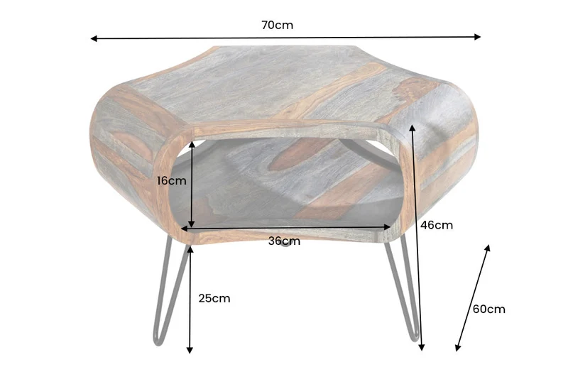Table basse rétro ORGANIC LIVING 70cm en bois de Sesham massif gris avec espace de rangement Pieds en épingle à cheveux