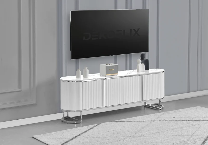 Meuble TV ovale cannelé marbre blanc chromé - Nalia
