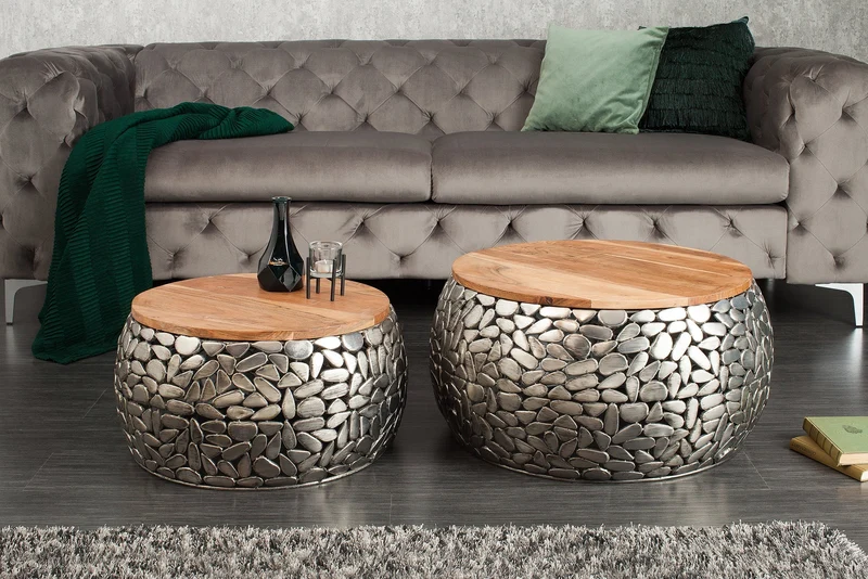 Lot de 2 tables basses rondes STONE MOSAIC 65cm bois de manguier argenté métal design mosaïque fait main