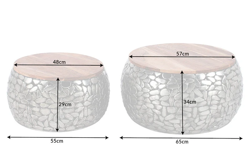 Lot de 2 tables basses rondes STONE MOSAIC 65cm bois de manguier argenté métal design mosaïque fait main