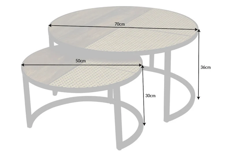 Lot de 2 tables basses VIENNA LOUNGE 70cm rondes en manguier massif tissage viennois métal noir