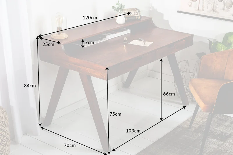 Secrétaire massif MONSOON 120cm bureau en acacia finition frappante