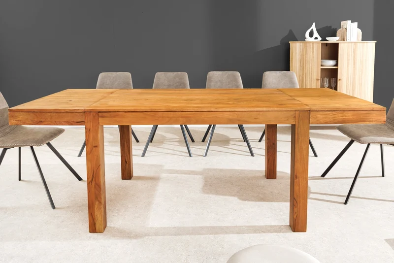Table à manger en bois massif PURE 120-200cm acacia finition miel naturel avec plaques clipsables