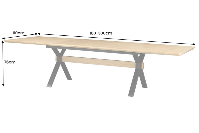 Table à manger extensible GIANT 180-300cm chêne naturel métal noir structure en X