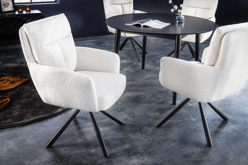 Lot de 2x chaises pivotante rétro BIG GEORGE blanche bouclée avec accoudoirs, noyau à ressorts Bonell