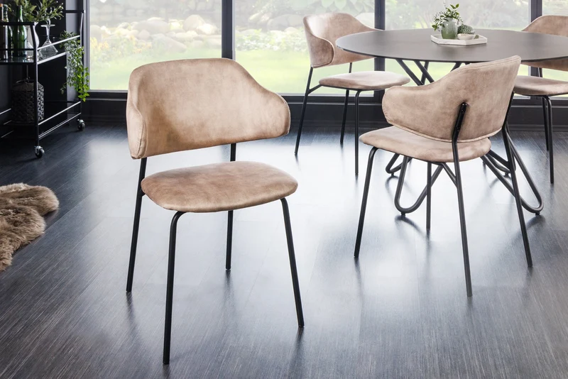 Lot de 2x chaises design VOGUE velours champagne grège pieds métal noir