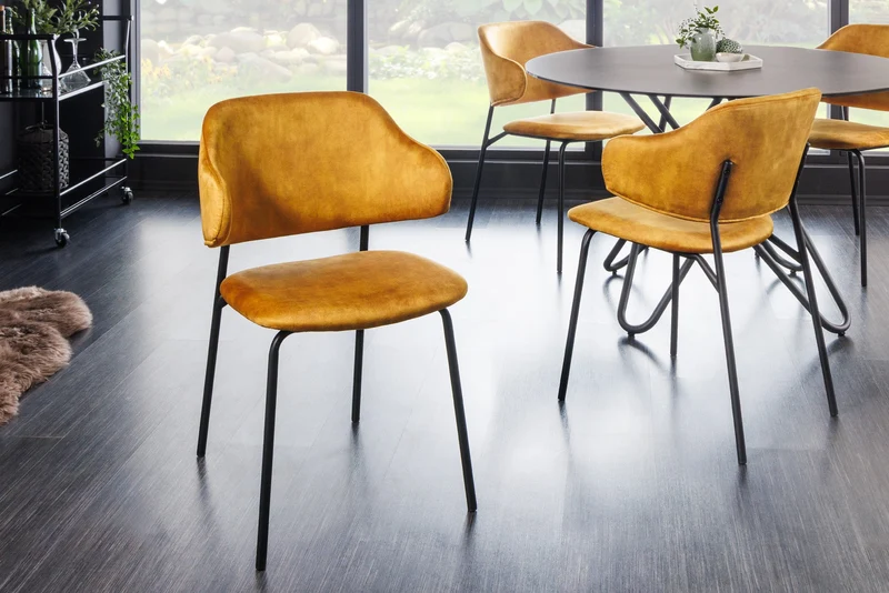 Lot de 2x chaises design VOGUE velours jaune moutarde pieds métal noir