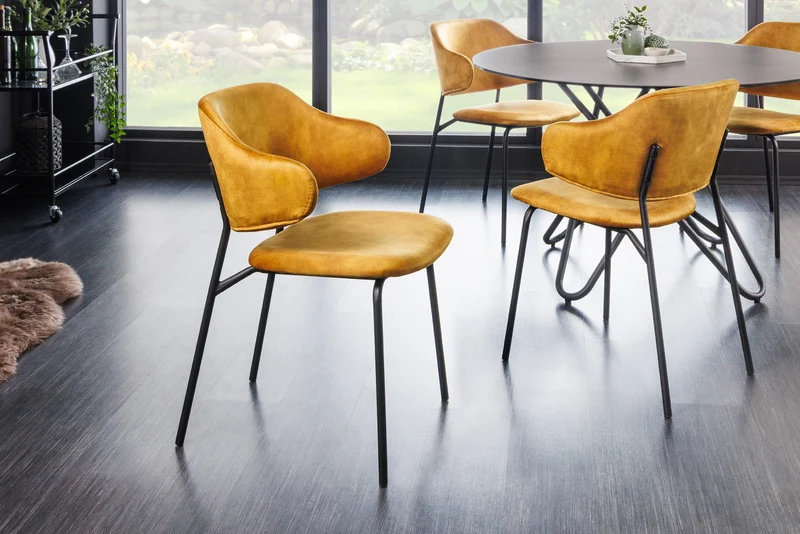 Lot de 2x chaises design VOGUE velours jaune moutarde pieds métal noir