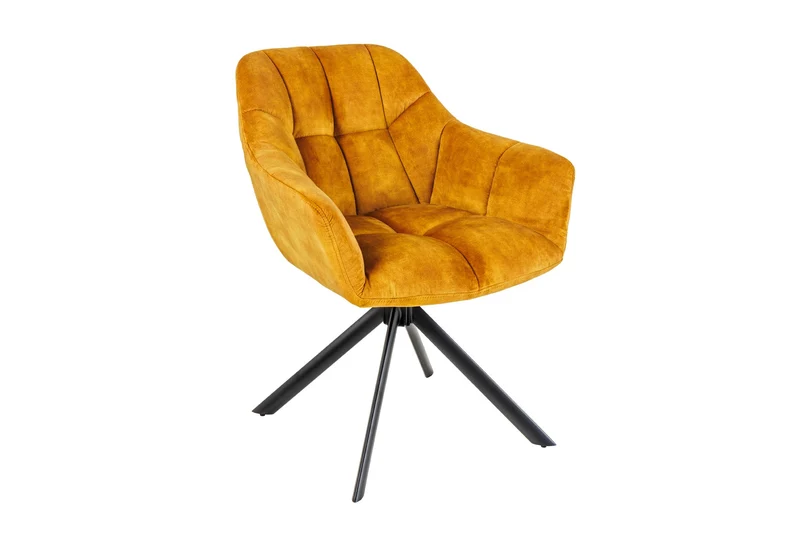 Lot de 2x chaises pivotante PAPILLON velours jaune moutarde pieds métal noir accoudoirs